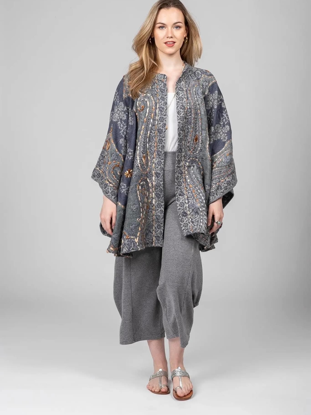Bohemian Printed Kimono Jacket in Slate Gray